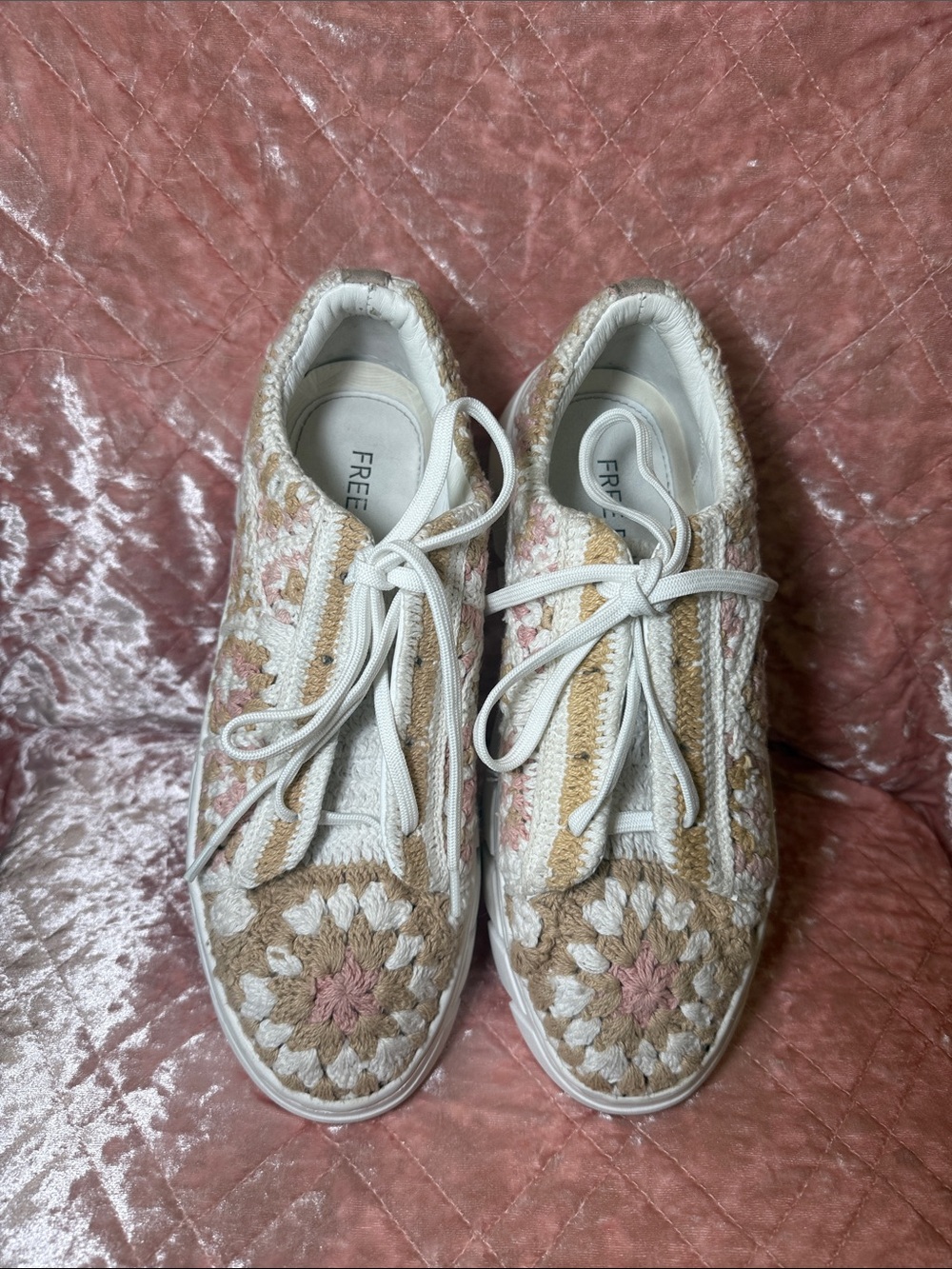 Free People Crochet Lace-Up Sneakers in White, Tan & Pink
